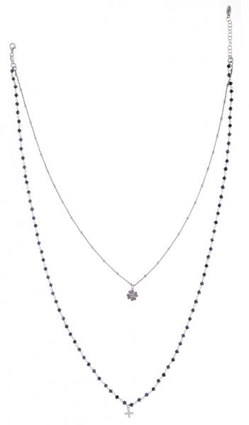 Collana rosario 2 fili con quadrifoglio e croce pendente Prega&Ama in argento925 e pietre petrolio - cod.61183